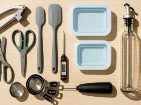 Flat lay of affordable Amazon kitchen tools under $30 including garlic press, spatulas, and herb scissors – 2025 picks, Budget kitchen gadgets from Amazon used in meal prep and cooking – top tools for 2025, Affordable and practical kitchen tools from Amazon featured in 2025 best picks list.