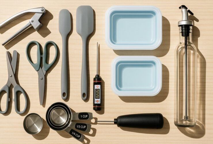 Flat lay of affordable Amazon kitchen tools under $30 including garlic press, spatulas, and herb scissors – 2025 picks, Budget kitchen gadgets from Amazon used in meal prep and cooking – top tools for 2025, Affordable and practical kitchen tools from Amazon featured in 2025 best picks list.