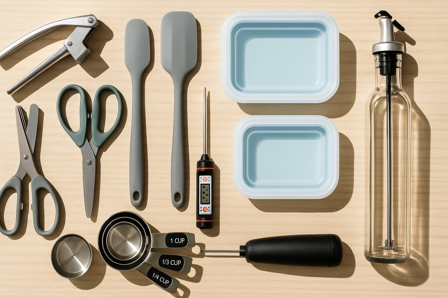 Flat lay of affordable Amazon kitchen tools under $30 including garlic press, spatulas, and herb scissors – 2025 picks, Budget kitchen gadgets from Amazon used in meal prep and cooking – top tools for 2025, Affordable and practical kitchen tools from Amazon featured in 2025 best picks list.